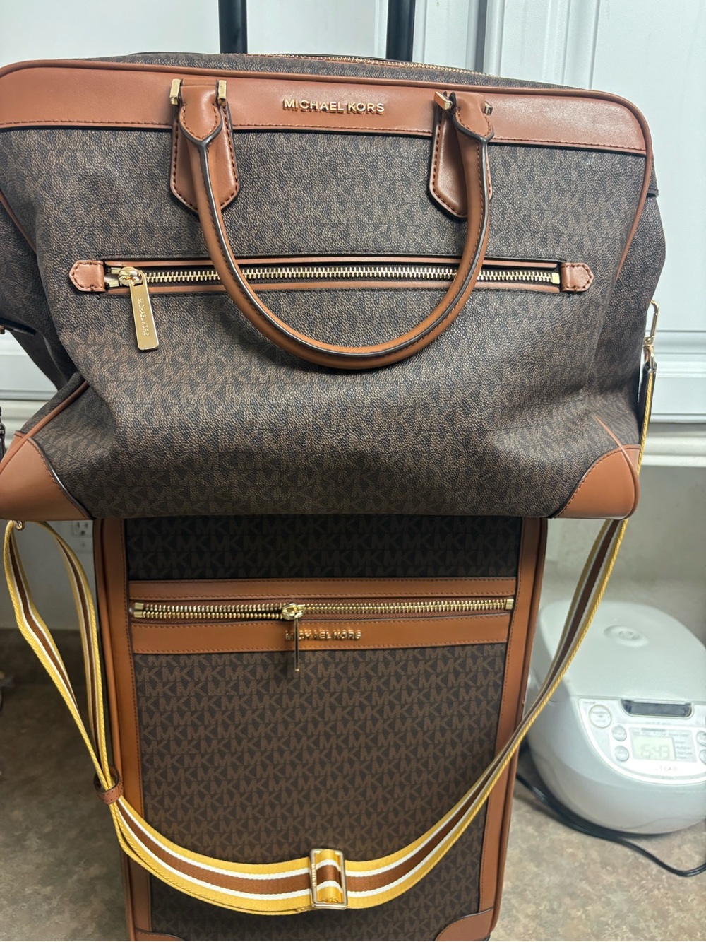 Michael Kors Brown Logo Travel Duffel with Tan Trim